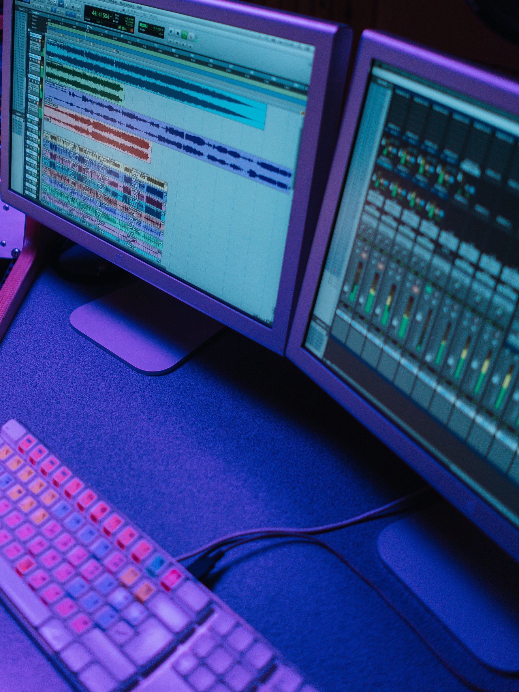 Monitors lit in purple light
